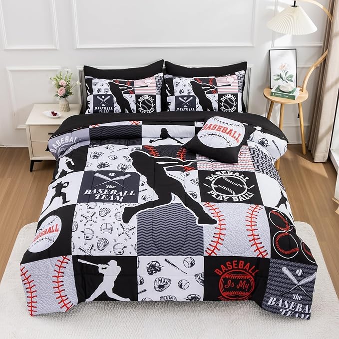 A Nice Night Sports Geometric Grid Black Patchwork Baseball Printed for Boys Queen 6Pcs Bed in A Bag Comforter Bedding Set,Black