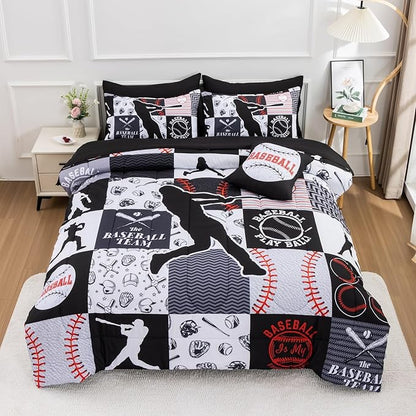 A Nice Night Sports Geometric Grid Black Patchwork Baseball Printed for Boys Queen 6Pcs Bed in A Bag Comforter Bedding Set,Black