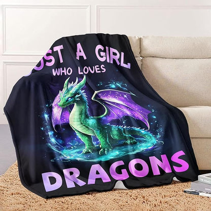 Dragon Lover Blanket, Just A Girl Who Loves Dragons Blanket, Soft Warm Cozy Fleece Throw, Gifts for Girls Women Kids, 40"x50", Black