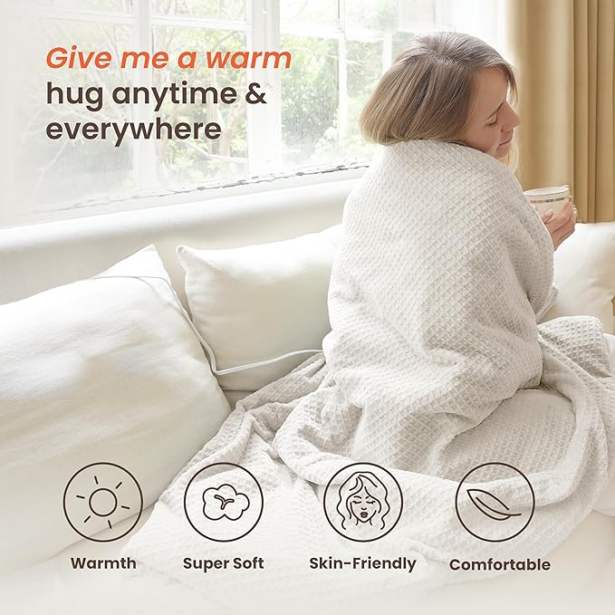 Heated Blanket Electric Throw Waffle, 50x60 Inches Sherpa Fleece Fast Heating Blanket 6 Heating Levels & 4 Hours Auto Off ETL Certification,Beige Throw
