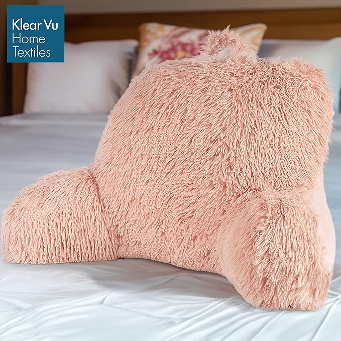 Klear Vu Shaggy Reading Pillow Back Rest Body Pillow for Adults and Kids, Lumbar and Arm Support on Bed, Chair, Couch, Sofa and Floor, 30" x 21", One Size, Apricot Sherbert