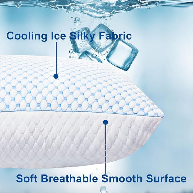 XWZO Cooling Pillow 2 Pack Pillows Queen Size Set of 2, Shredded Memory Foam Pillows Adjustable Gel Bed Pillows for Side Back Stomach Sleepers with Washable Removable Cover