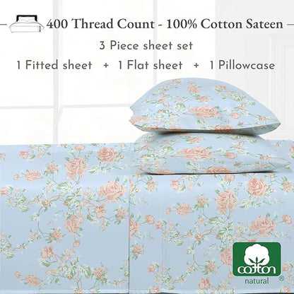 California Design Den Floral Deep Pocket Twin Sheets Set - 400 Thread Count Sateen, Natural 100% Cotton Sheets, and Durable Bedding Set - Antique Rose