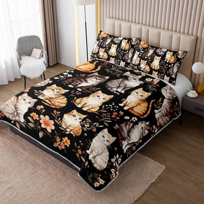 Kawaii Cat Quilt Set,Orange Grey Cat Pattern Bed Set for Toddler Kids Girls Room Decor,Colorful Flowers Printed Bedding King Quilted Sets with 2 Pillowcases.