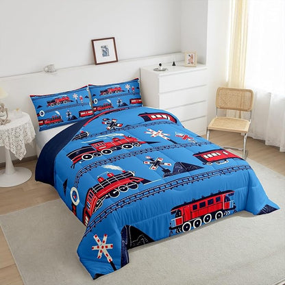 Erosebridal Boys Train Full Comforter Set Cartoon Car Toddler Bedding Set, Traffic Transportation Track Comforter for Kids Teens Red Blue Steam Engine Railway Decor Quilt Set Room 3Pcs