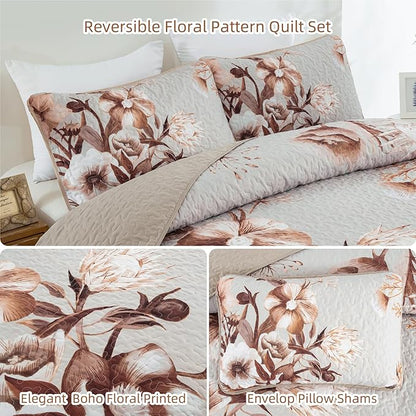 Khaki Quilt Set King Size Bedding Set 3 Pieces Boho Floral Quilt Bedspread Soft Microfiber Lightweight Flower Coverlet Set with 2 Pillow Shams for All Season 90"x104"
