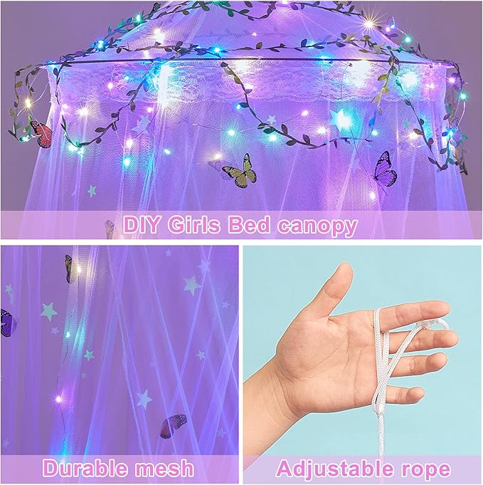 FIOBEE Bed Canopy for Girls Room Bed Canopy Curtains with Led Lights Mosquito Net DIY Princess Room Décor with Stars Butterflies for Kids Bedroom, Purple