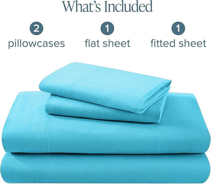 Bare Home Flannel Sheet Set 100% Cotton, Velvety Soft Heavyweight - Double Brushed Flannel - Deep Pocket (Queen, Aqua)