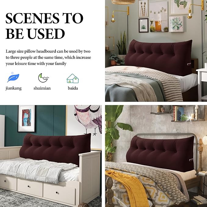 Bed Wedge Headboard Pillow - College Dorm Reading Pillow Back Support While Sitting in Bed - Ergonomic Lumbar Pillow Body Positioning Bed Pillow - Velvet Maroon 39IN
