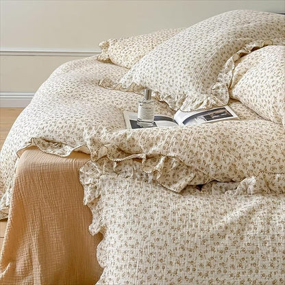 BuLuTu Cotton Muslin Duvet Cover Queen, Camellia Floral Quilt Cover with 2 Pillow Cases, Cottagecore Ruffled Comforter Cover Kids Teens Young Adults Bedding Set, Soft Lightweight