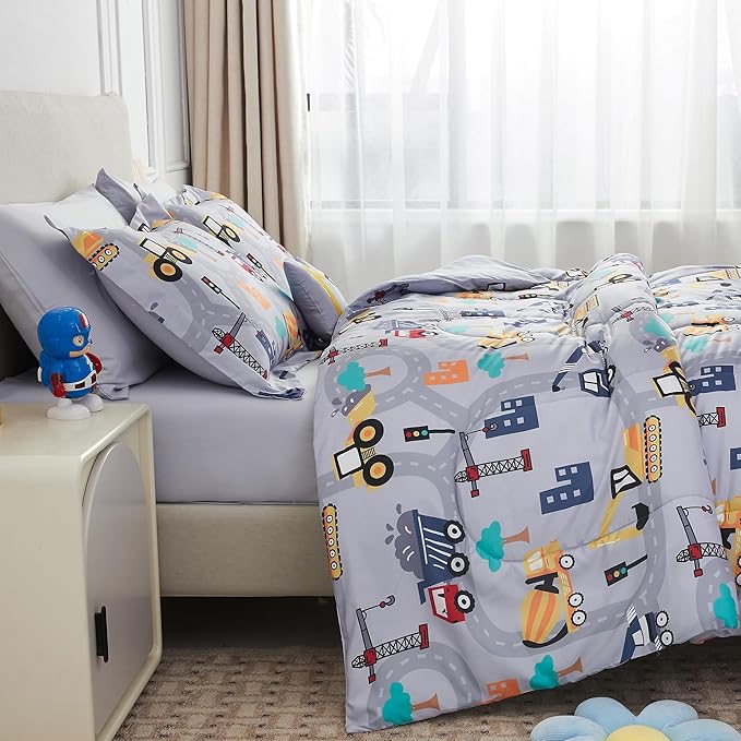 Mooreeke Kids Twin Comforter Sets for Boys 6 Pieces Excavator Grey Bedding Set for Teens Soft Microfiber Kids Bed in A Bag with Comforter, Sheet Set, Shams and Decorative Toy Pillow All Season