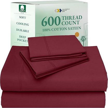 California Design Den Full Size Bed Sheets Set - Luxury 600 Thread Count Sheets, 100% Cotton Sateen, Deep Pocket Bed Sheets Full Size Set, Hotel Quality Sheets - Brick Red