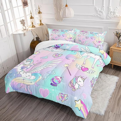 Kawaii Unicorn Bedding Set for Girls Kids Twin Size, Pink Colorful Comforter Set for Girls Bedroom Recor with 2 Pillowcases