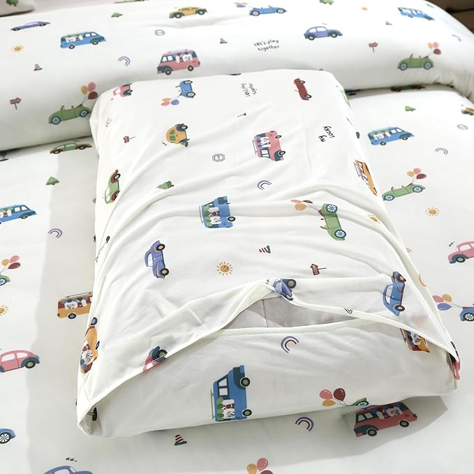SDIII Cute Cars Comforter Twin Set 3 Pieces, Silky Breathable Microfiber and Spandex, Cartoon Cars Twin Bedding Set for Boys Girls Kids and Teens
