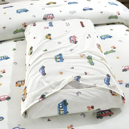 SDIII Cute Cars Comforter Twin Set 3 Pieces, Silky Breathable Microfiber and Spandex, Cartoon Cars Twin Bedding Set for Boys Girls Kids and Teens
