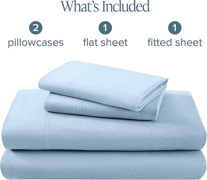 Bare Home Flannel Sheet Set 100% Cotton, Velvety Soft Heavyweight - Double Brushed Flannel - Deep Pocket (Queen, Light Blue)