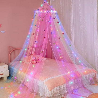 FIOBEE Bed Canopy for Girls Room Bed Canopy Curtains with Led Lights Mosquito Net DIY Princess Room Décor with Stars Butterflies for Kids Bedroom, Multi-Color
