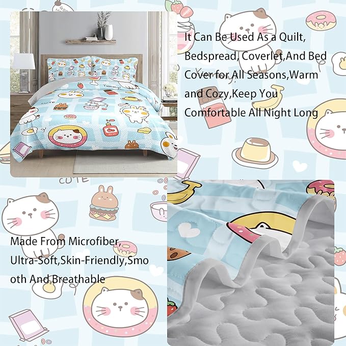 AILONEN Cartoon Cat Quilt Set Full Size Cute Pet Cat Animal Theme Bedspread Coverlet for Kids Girls Boys,1 Quilt with 2 Pillowcases,Bed Cover