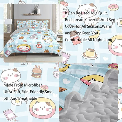 AILONEN Cartoon Cat Quilt Set King Size Cute Pet Cat Animal Theme Bedspread Coverlet for Kids Girls Boys,1 Quilt with 2 Pillowcases,Bed Cover