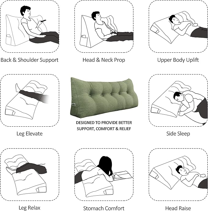 Wedge Pillow Headboard Reading Pillow for Sitting Up in Bed Adult Backrest Large Triangle Bolster Pillow for Couch Daybed Cushion Lumbar Body Support Leg Positioning（Green, Queen）