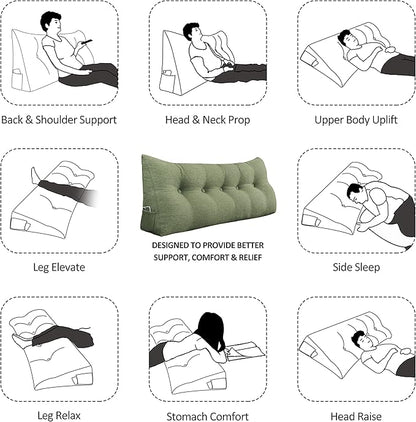 Wedge Pillow Headboard Reading Pillow for Sitting Up in Bed Adult Backrest Large Triangle Bolster Pillow for Couch Daybed Cushion Lumbar Body Support Leg Positioning（Green, Twin）