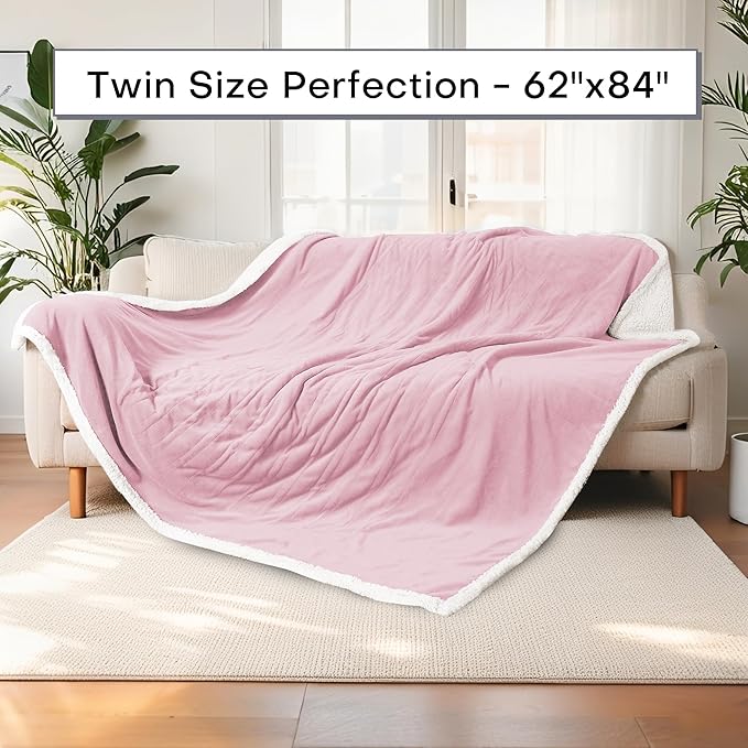 Electric Heated Blanket Twin Size 62"x84" - Dual-Sided with Microplush & Sherpa Fabric, 4 Heat Settings & 10 Hours Auto Off, Machine Washable - Light Pink