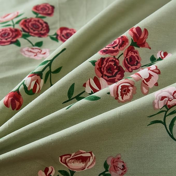 100% Cotton Duvet Cover Set Queen Size– Green Classic Botanical Print Bedding Set 3 Pieces, Breathable Lightweight Comforter Cover with Zipper Closure, Vintage Garden Floral Bed Set