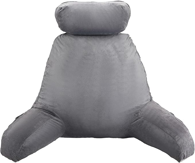VEVOR Reading Pillow, Extra Large Bed Pillow for Sitting Up with Removable Headrest &3 Pockets, Back Pillow for Bed with Shredded Memory Foam, Pillow with Arms for Reading, Gaming, Resting, Grey