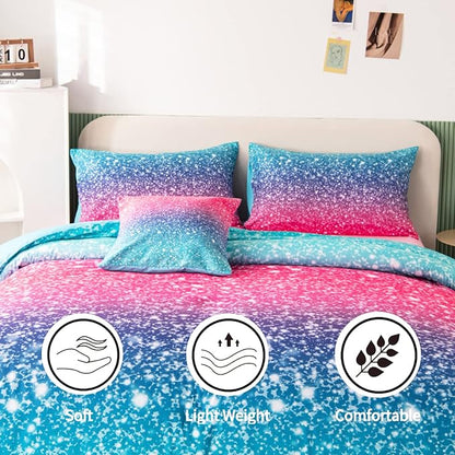 RYNGHIPY 6Pcs Gradient Glitter Bedding Set for Girls Twin Size, Colorful Rainbow All-Season Comforter Set, Ultra Soft Bedding Collections