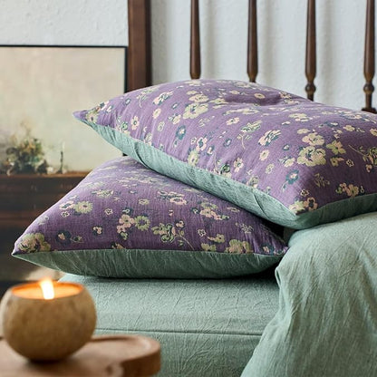 BuLuTu Muslin Cotton Duvet Cover Set Full Size Jacquard Textured Quilt Cover Linen Like Gauze Comforter Cover with 2 Pillowcases, 80"x90", Purple Floral Bedding Set with Zipper & Corner Ties