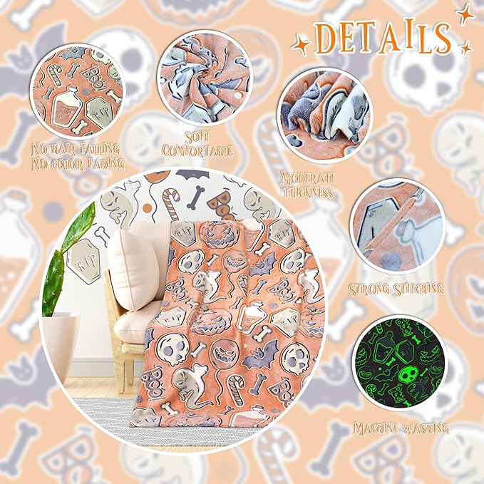Halloween Blanket Gifts for Kids Adults - Glow in The Dark Halloween Throw Blanket with Spooky Pumpkin Bat Ghost Spider Print, Soft Cozy Orange Fall Fleece Throws for Couch Bed Home Decor 50"x60"