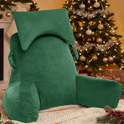 Portable Reading Pillows with Headrest for Bed Sitting Up(Green Oeko-Tex), Velvet Back Pillow with Arms & Pockets for Adults, Support Memory Foam Bed Pillow for Dorm/Reading/Watching/Gaming