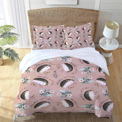 Hedgehog Theme 3 Pieces Duvet Cover Comforter Set with 2 Pillowcase King Size Hedgehog Flower Bed Sheet Quilt Bedroom Bedding for Lover Kids