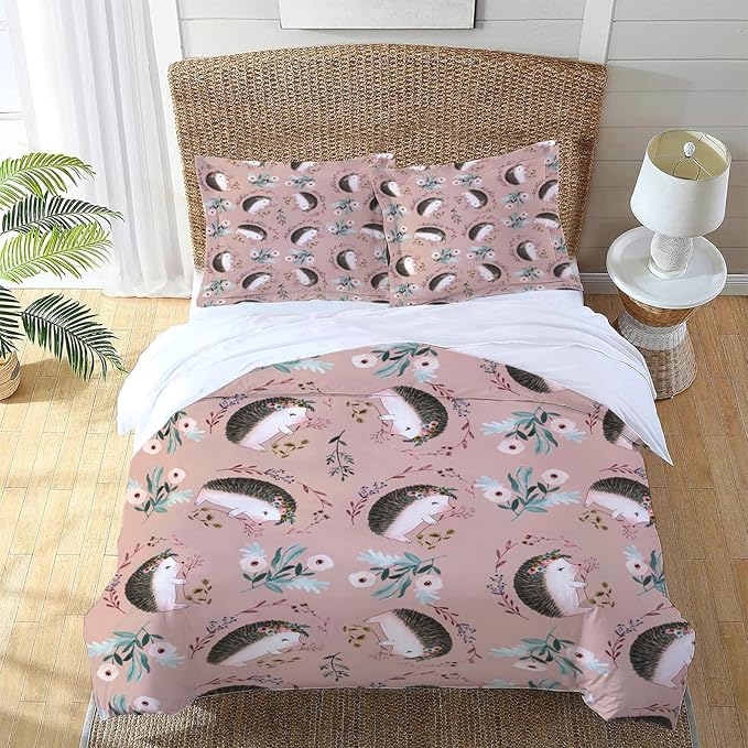Hedgehog Theme 3 Pieces Duvet Cover Comforter Set with 2 Pillowcase Queen Size Hedgehog Flower Bed Sheet Quilt Bedroom Bedding for Lover Kids