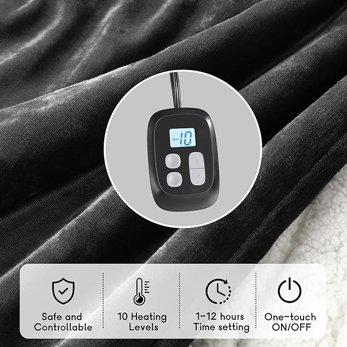Heated Electric Blanket King Size 90''x100'', Dual Controller Soft Flannel with 10 Heat Settings 1-12 Hour Auto Off Large Blanket for Bed - Dark Gray