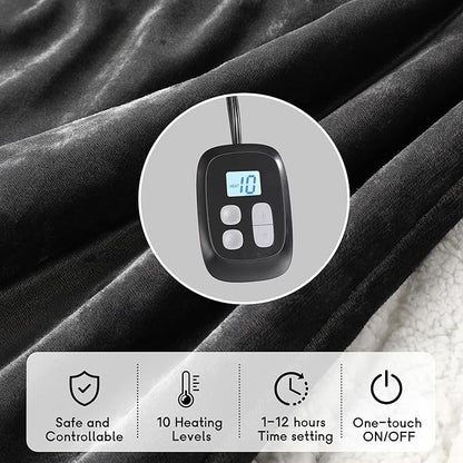 Heated Electric Blanket King Size 90''x100'', Dual Controller Soft Flannel with 10 Heat Settings 1-12 Hour Auto Off Large Blanket for Bed - Dark Gray