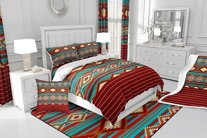 Feelyou Southwestern Bedding Set Geometric Comforter Set for Kids Girls Room Decor Tribal Comforter Toddler Size Native American Design Red Yellow Duvet Set 2Pcs