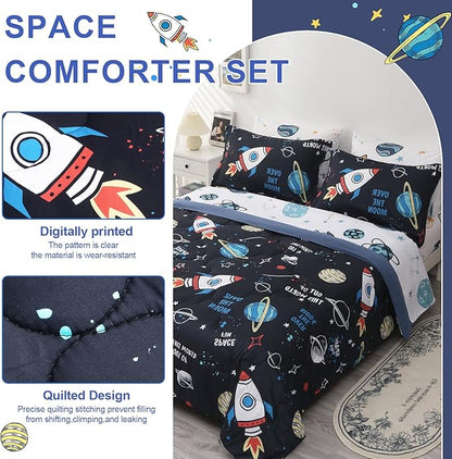 Wajade Kids Space Comforter Set Bed in A Bag Queen Size 7 Piece 3D Space Rocket Planets Bedding Set for Teens Boys Girls (1 Comforter, 1 Flat Sheet, 1 Fitted Sheet, 2 Pillowcase and 2 Pillow Sham)