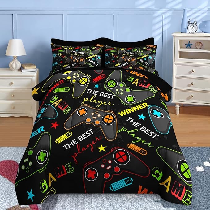 Nesker 7 Pcs Comforter Set Full Size, Colorful Bedding for Kids Teen, Game Gamepad Gaming with Fitted Sheet 2 Pillowcases & 2 Shams for Bedroom Bed Decor