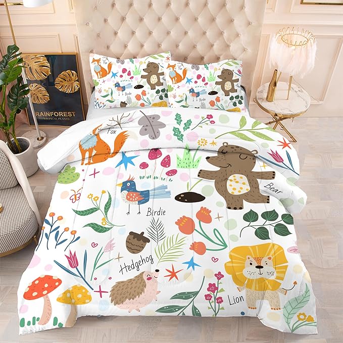 Kids Comforter Set Full: Cute Safari Woodland Bedding Set Cartoon Forest Animals Quilt for Boys Girls Teens Zoo Animal Fox Bear Lion Jungle 3 Piece Duvet Bed Sets