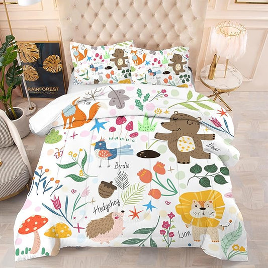 Comforter Set Cartoon Animals: Queen Size Cute Bedding Set for Kids Teen Girls Toddler Boys Kawaii Fox Bear Lion Flowers Soft Quilt Duvet Bed Sets 1 Comforter & 2 Pillowcases