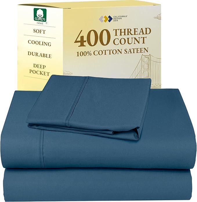 California Design Den Soft Twin Sheets Set - 400 Thread Count Sateen, Natural 100% Cotton Sheets, Deep Pockets, and Durable Bedding Set for Dorm Rooms & Adults - Peacock Blue