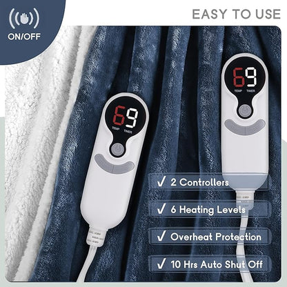 Heated Electric Blanket Queen Size 84''x90'', Dual Controller Soft Flannel with 6 Heat Settings 1-10 Hour Auto Off Large Blanket for Bed - Navy