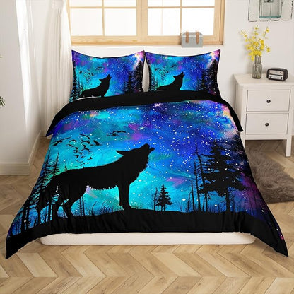 Castle Fairy Blue Galaxy Duvet Cover Set Twin Size,Wolf Animal Trees Silhouette Comforter Cover for Kids Boys Bedroom Xmas Gift,Stars Nebula Space Bedding Set with 1 Pillowcase Bedspread, Soft