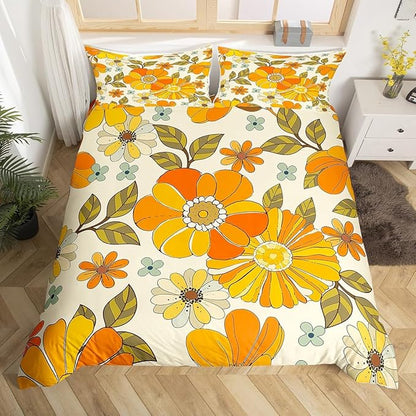 Retro Flowers Full Size Duvet Cover Set,Watercolor Yellow Floral Green Leaves Plant Comforter Cover with 2 Pillowcases,3pcs,70s Trippy Daisy Polyester Bed Spread for Boys Teens Bedroom Decor