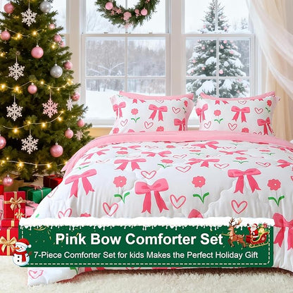 Pink Bow Comforter 7 Pieces Comforter Set Twin Size Pink Flower Bow Comforter for Girls Kids Romantic Princess Style Bow Tie Bedding Set Super Soft All Season