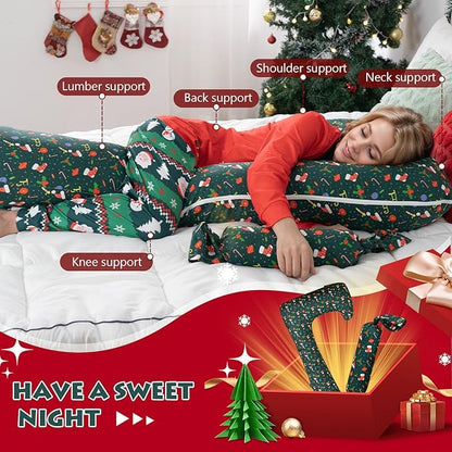Body Pillow for Adults Side Sleeping & Pregnancy, 55 Inch Long Bolster Pillow with Mini Candy, Firm Support, Full Length Hugging Bolster for Beds, Removable Machine Washable Green Christmas Pillowcase