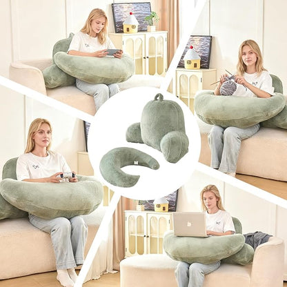 Reading Pillow for Bed,U Shaped & Back Support Pillow for Bed,19" Backrest with Lumbar & Arm Support,Luxurious Faux Rabbit Fur,Gaming PillowFor Crochet/Reading/Watching TV,Green