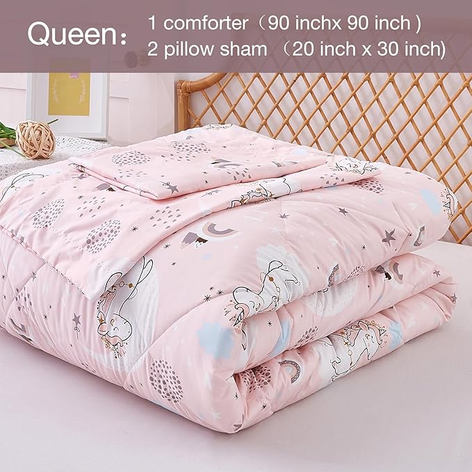 JSD Pink Unicorn Kids Comforter Set Queen Size, 3 Piece Printed Microfiber Comforter with Pillow Sham, Machine Washable