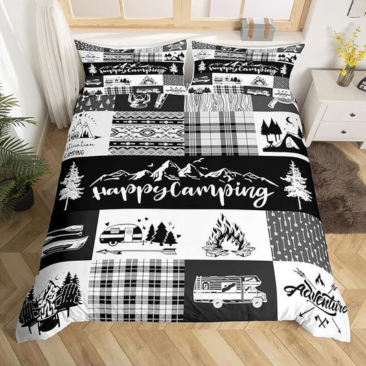 Camper Patchwork Bedding Set King Size for Teens,RV Happy Camping Hunting Adventure Comforter Cover with 2 Pillowcases,Travel Trailers Decor Boho Aztec Exotic Duvet Cover Set Microfiber Quilt Cover
